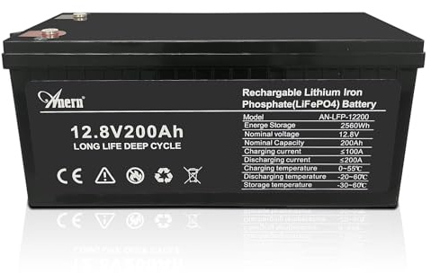 Anern Batteria Litio 12V 200Ah, Batteria Lifepo4 2560Wh con BMS 200A Fino a 15000 Cicli perfetto per il campeggio, l'accumulo di energia domestica solare, RV, Off-Grid