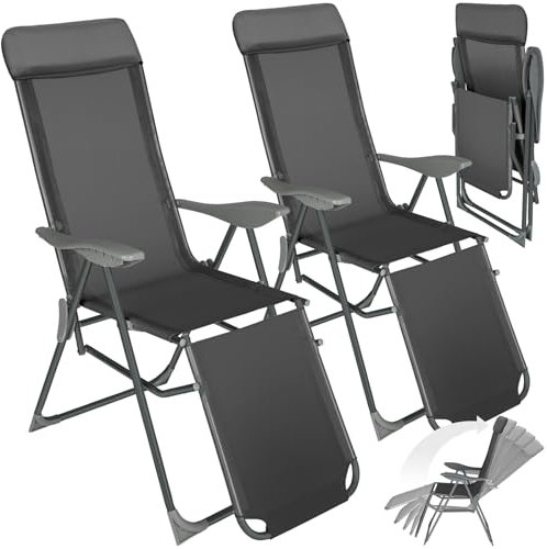 TecTake® Lot de 2 Fauteuil de Jardin Chaise Longue Pliable avec Repose Pieds Accoudoirs, Appuie-tête Amovible Salon de Jardin Exterieur, Structure en Aluminium, Dossier Inclinable