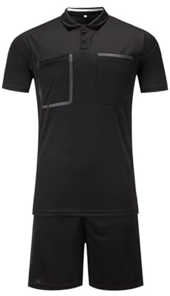 Fotbollsdomarset för män – kortärmad domartröja och shorts med fickor, andningsbar och snabbtorkande polyester, perfekt för träning och spel, svart, M