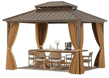 COSTWAY Carpa de Jardin 354 x 294 cm, Pabellón con 4 Mosquiteras, Cortinas, Techo Metálico Doble Galvanizado, Estructura de Aluminio, Cenadores para Jardin Terraza