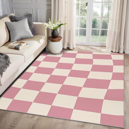 MMYAOKEN Schachbrett Teppich Wohnzimmer 240x300 Rosa Weiß Kariert Deko, Großer Teppich Kurzflor, Weich rutschfest Waschbare Teppiche, Bettvorleger Schlafzimmer Kinderzimmer