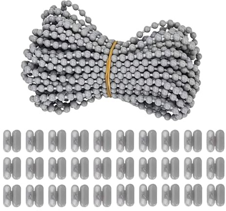 Roller Blind Cord, 1 Pcs 10 Meter Bead Chain 30 Bead Buckle Set for Roller Curtain, Roman and Vertical Blinds,Suitable for Room, Company, Office (Grey)