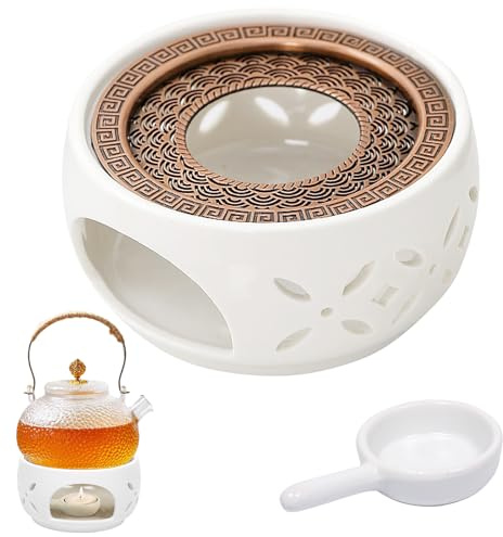 Stövchen, Stövchen für Teekanne, Stövchens Keramik, Tövchen mit Korkauflage, Teewärmer Porzellan mit Teelichthalter und Herdmatte Hohl Geschnitztes Design Kaffeewärmer für Kaffee Tee Weiß(Blütenform)