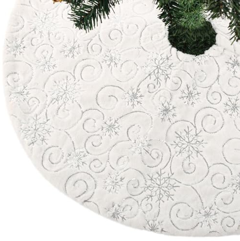 CITÉTOILE Weihnachtsbaum Rock Christbaumdecke Kunstfell Glitter Schneeflocke Rund Weihnachtsbaumdecke Fell Christbaumständer Teppich für Weihnachtsfeiertag Deko, Weißes Silber, S