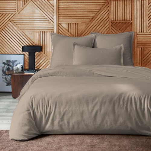 Duquennoy & Lepers - Parure Housse de Couette 2 Personnes en Flanelle 100% Coton - Housse de Couette 240x220 CM avec Rabat et 2 Taies d'oreiller 63x63 CM - Uni Taupe