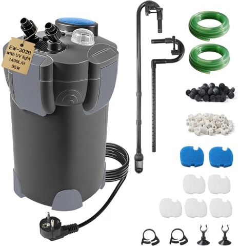 EXLECO Filtro Esterno Acquario con Lampada UV 1400L/H 35W Pompa Filtro Acquari Regolabile Filtrazione a 3 Stadi Filtri Acquario con Materiale Filtrante e Tubo Aria per Acquari Fino a 300 Litri Nero