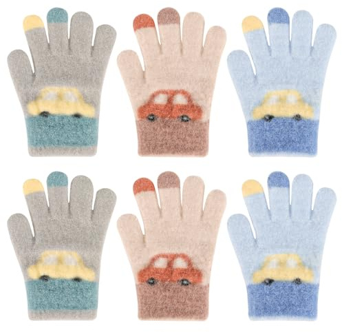 QKURT 3 Pares de Guantes mágicos para niños con Estampado de Coche, Guantes de Punto cálidos para niños, Mitones de Invierno con Dedos completos para Clima frío para Calidez Diaria, de 2 a 5 años