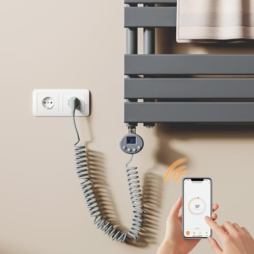 S’AFIELINA Heizstab mit Thermostat 1200W, programmierbarer Timer & LCD-Anzeige, WiFi, für Badheizkörper und Handtuchheizkörper, Edelstahl-Heizpatrone, intelligente Steuerung, Anthrazit