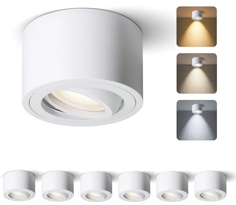 6er Set Aufbauspot Weiß, LED Aufbaustrahler Deckenstrahler, IP65 für Badezimmer, 5W 520lm Warmweiß 3000K / Neutralweiß 4000K / Kaltweiß 6000K, aus Aluminium, Ø80x50mm, LED Modul 230V, CRI90+