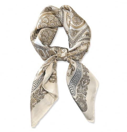 DIPZO Siden Halsduk För Kvinnor 70 x 70 cm, Blommigt Fyrkantigt Bandana för Hår, Hals, Väskor & Modeaccessoarer, Beige