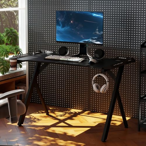 Froadp Gaming Tisch mit LED Computertisch Gaming Schreibtisch mit Getränkehalter und Kopfhörerhaken Ergonomischer Gamingtisch Modern PC Tisch aus MDF und Stahl, Schwarz 120x60x75cm