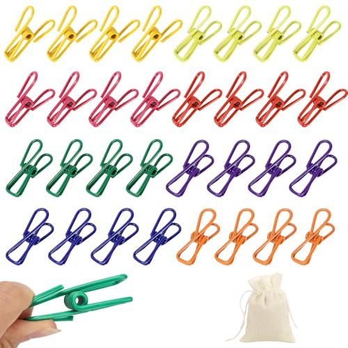 ASOUUNLD 32PCS Pinces à Linge en Acier Inoxydable, Pince à Linge Metal Multi-usages avec Sac de Rangement pour Serviettes, Vêtements, Chaussettes, Aliments, Fournitures de Bureau (Multicolores)