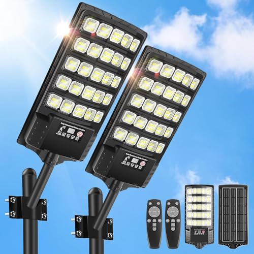 VBOK IGFE 600W Lampione Solare Led Esterno 2 pezzi,IP66 Impermeabile Faretto Stradale con Sensore di Movimento,6500K Lampioni da Giardino Esterno Solari per Garage Strada