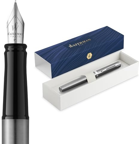 Waterman Impression Füller | Mittlere Feder mit blauer Tintenpatrone | Edelstahl mit palladiumbeschichtetem Zierrat | Geschenkbox