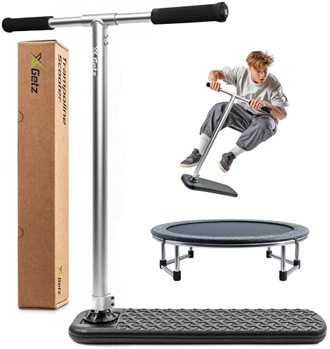 X-GETZ PRO Trampolin Stunt Scooter für Kinder & Erwachsene - Tricks sicher üben drinnen & draußen - Leichter & langlebiger Freestyle-Scooter ohne Rad - Verstellbarer Lenker - Silber