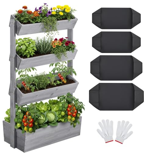 Yaheetech Vertikal Hochbeet mit 4 Etagen, 84,5×45×140,5 cm Pflanzbeet mit Entwässerungslöcher & Pflanzvlies, Tannenholz Wetterfest, Frühbeet Gartenbeet Kräutertreppe für Garten Balkon, Grau
