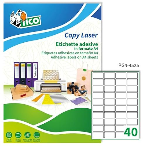 Tico Italia PG4-4525Etichette adesive carta bianca lucida, 100 fogli A4, rettangolari 45x25mm, 40 etichette per foglio, adesivo permanente, stampanti laser