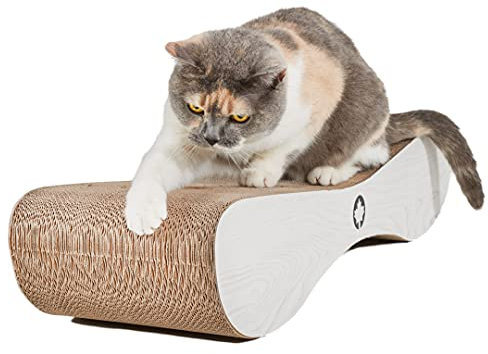 CanadianCat Company | XXL Kratzpappe Lounge | weißgraue Holzoptik | Kratzmöbel, Kratzbrett | Katzen Pappe +Katzenminze | 76 x 24 x 15 cm