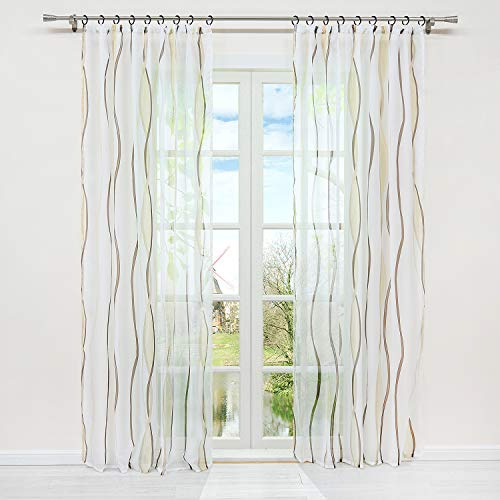 HongYa 1 Stück Voile Gardinen Transparent mit Kräuselband und Wellendruck HxB 245/140 cm Creme Braun