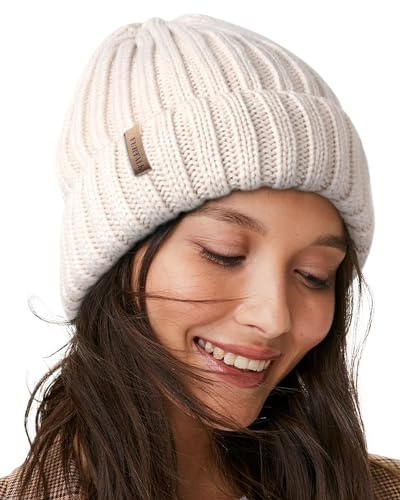 FURTALK Womens Slouchy Winter Knit Beanie Hats Chunky Hat Bobble Hat Ski Cap Beige