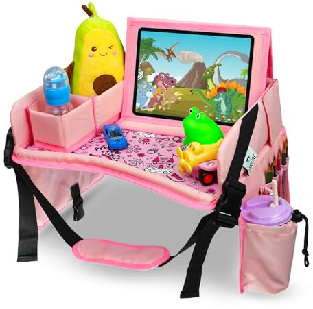 DMoose Kids Travel Tray - Premium 600D Oxford Fabric - Toddler Car Seat Tray with Stationary & Cup Holder - Portable Road Trip Essentials for Kids with Waterproof Tablet Holder & Sturdy Side Walls
