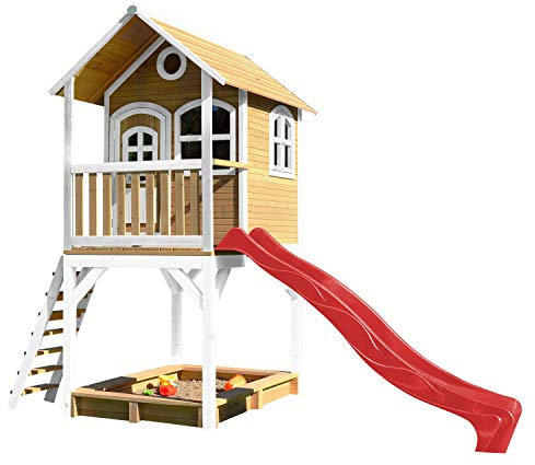 AXI Sarah Maison Enfant avec Bac à Sable & Toboggan Rouge | Aire de Jeux pour l'extérieur en Marron & Blanc | Maisonnette/Cabane de Jeu en Bois FSC