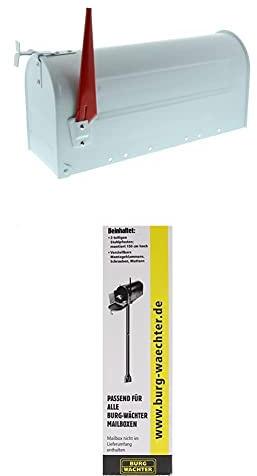 BURG-WÄCHTER U.S. Mailbox mit schwenkbarer Fahne, Stahlblech, 891 W, Weiß + Briefkasten Pfosten, praktischer Briefkastenständer zum Einbetonieren, Stützpfosten für U.S. Mailbox, 150 cm, Schwarz