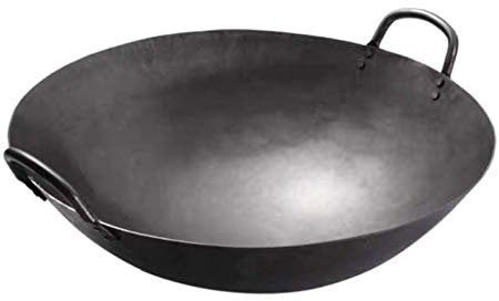 AIZYR Wok Biauricolare in Ghisa della Casa - Acciaio al Carbonio Martellato A Mano Wok in Acciaio Pesante Non Rivestito Fondo Tondo Tradizionale Wok Multifunzione,46cm