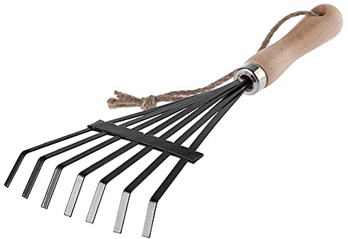 Kadax piccolo rastrello in metallo, rastrello fatto di legno, scope a foglia, rumori, rastrello da giardino, giardino Harke, rastrello a mano, scopa a ventole per piccoli (7 denti)