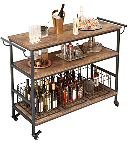 soges Servierwagen mit 3 Ebenen, Großzügiger Küchenwagen Küchenregal auf Rollen, 3 Metallkörbe, Abschließbare Räder, 115x40x80 cm