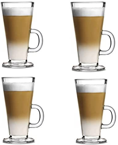 Royal Cuisine Latte Glasses, Temperature Resistant Mugs for Espresso Cappuccino Tea Hot Drink Glass Cups with Handle Ideal for Ice Cream Latte, Hot Chocolate, Coffee Cup Set of 4 (270ml)