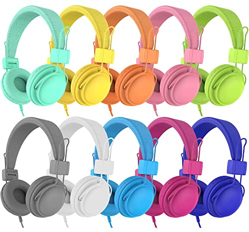 AILIHEN Classroom Headphones Kids 10-Pack for School Student K-12, On-Ear Premium Bulk Wired Headset with Mic, 85dB Volume Limited & SharePort, 3.5mm Jack for Chromebook, Computer, Laptop (Multicolor)