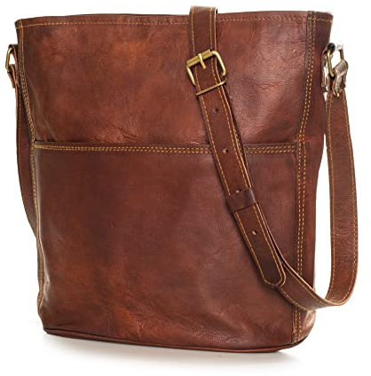 LEABAGS Leder Handtasche Damen I Premium Echtleder Umhängetasche I Damen Schultertasche I Damentasche I Tragetasche für Arbeit Uni Schule Freizeit I Größe L (31 x 29 x 6 cm) I Vintage Cognac