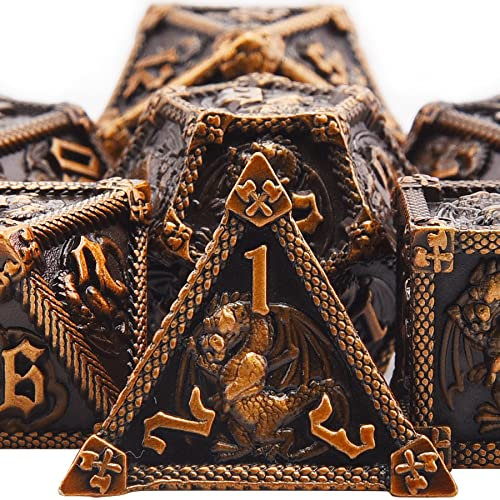 SIQUK 7 Stücke Metall Würfel Set für DND - Polyedrisch D20 D12 D10 D% D8 D6 D4 Spielwürfel für RPG D&D Dungeons and Dragons, AltesGold