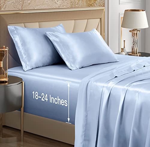 VACVELT 4 st extra djupa fickor satinlakan king size sängset, babyblått satinlakan set passar 45–61 cm djup fickmadrass, silkeslent och lyxigt satinbäddset mjukt och ultratjupt dra-på-lakan set