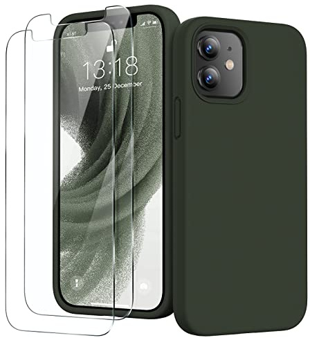 GOODVISH für iPhone 12 Mini Hülle mit 2 Stück Schutzfolie, Armeegrün | Liquid Silikon Rundumschutz Handyhülle, mit Weichem Mikrofaser Innenfutter Stoßfestes Schutzhülle für iPhone 12 Mini