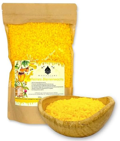 Woodflame Bienenwachs Pastillen, Deutsche Qualität, 450g, 100% natürliches Bienenwachs, Perfekt geeignet für Kosmetikprodukte, Bienenwachstücher, Seife, Holzpolitur und Kerzenherstellung