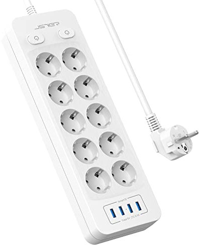 JSVER Regleta Enchufes 10 Tomas,Regleta USB con 10 Toma de Corriente(3680W 16A) y 4 Puertos USB Estación de Carga Inteligente, Tomas Alargadora con Cable 2m para Viajes en Casa-Blanco