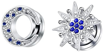 Stfery Tunnel Silber 16mm, Plug Ohrringe Herren Edelstahl Mondstern Blau Weiß Zirkonia 2er Ohr Gauges Schmuck Damen 5/8 Inch