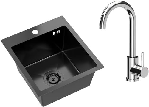 VBChome Fregadero de acero inoxidable con grifo, 40 x 45 cm, color negro, acero inoxidable, con orificio para grifo, fregadero de cocina grande, sifón de acero inoxidable, color plateado