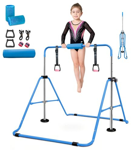 SUDOO Folding Gymnastics Bar With Rings, Folding Horizontal Bar, Adjustable Height Folding Horizontal Bar, Gymnastics Equipment for Home Garden, Expandable Gymnastics Training Bar for Kids Girls
