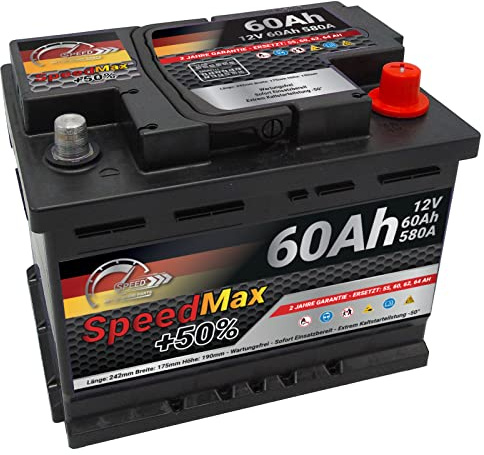 SMC Autobatterie Speed Max 60Ah 12V 580A Starterbatterie für Autos mit | hohem Energiebedarf ersetzt 55 61 62 64 65 ah überlegene Leistung Pluspole Recht Wartungsfrei