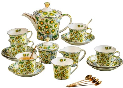ACMLIFE Service à thé pour adultes - Service à thé en porcelaine fine pour 6 personnes - 21 pièces - Service à café vintage en porcelaine anglaise pour adulte - Cadeau pour femme (fruits verts, taille