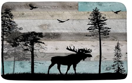 Rustikale Badematte mit Hirschwald, Elch, Elch, Hütte, Bauernhaus, Landhaus, Jagd, Wildtiere, Vintage, Holzbrett, Lodge, Mikrofaser, Memory-Schaum, Badezimmerteppich, Fußmatte, Küche, WC, Bodenteppich
