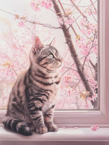 AMBATTERY Knüpfkissen Katze Auf Fensterbank Knüpfteppich Zum Selbermachen，Knüpfset Für Erwachsene Mit Haken，DIY-Teppich Selber Machen，Fußmatte Für Zu Hause 31x63in