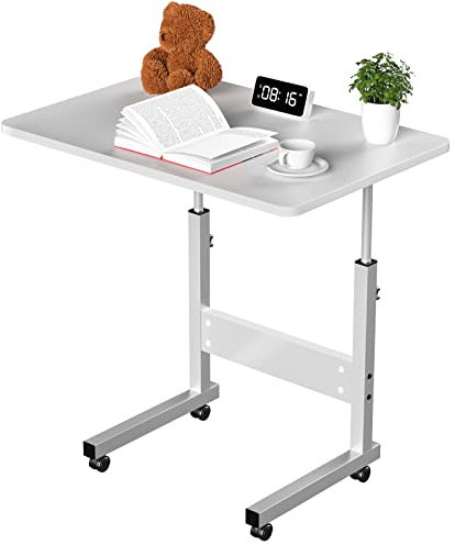 Utlenianie Beistelltisch mit Rollen 60x40cm, Laptoptisch Höhenverstellbar 69-90cm, Computertisch Kleiner Mobiler Schreibtisch Überbett-Tisch für Büro Schlafzimmer Bett Sofa (Weiß)