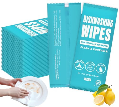 Dish Cleaning Wipes Individually Wrapped, Portable Kitchen Disposable Dish Soap Wipes Bulk Travel Size Quick Cleaning Dishwashing Pads for Outdoor Traveling/Camping/Hotel (50 Pcs)