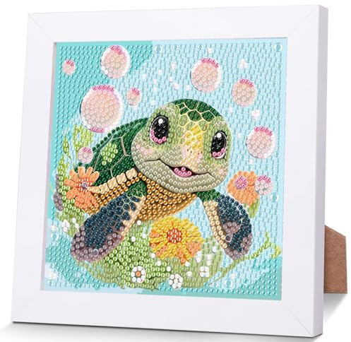 Tartarughe Diamond Painting per bambini con cornice in legno | Diamond Painting 5D con animali, per bambine e bambini, mosaico fai da te, decorazione da parete, 18 x 18 cm
