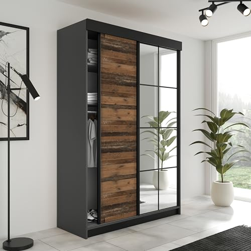 KIER FURNITURE Schiebegarderobe LAMARO mit Spiegel - Schrank Schlafzimmer - Schlafzimmerschrank - Wardrobe Bedroom - Kleiderschränke - Kleiderschrank - 138x205x59 - Graphit & Old Style