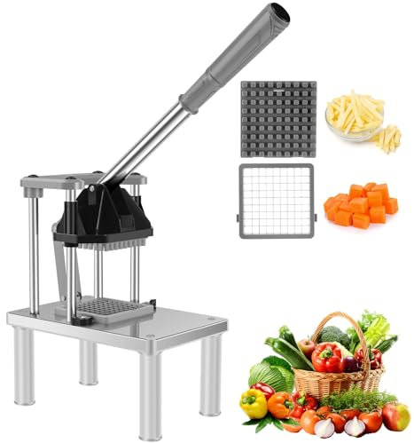 Potato Chipper, French Fry Cutter, Potato Chopper Cutter with 2 Replacement Blades, Stainless Steel Commercial Vegetable Fruit Chopper with Non-Slip Feet Perfect for Potato Onion Carrot